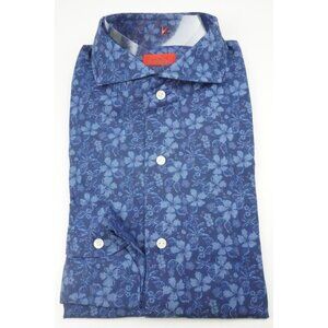 Isaia Vibrant Blue Hawaiian Floral Long Sleeve Cotton Dress Shirt 15.5/39 NEW